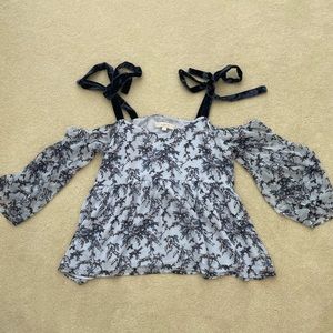 Loft Blue Floral Cold-Shouldered Top With Velvet Shoulder Bows